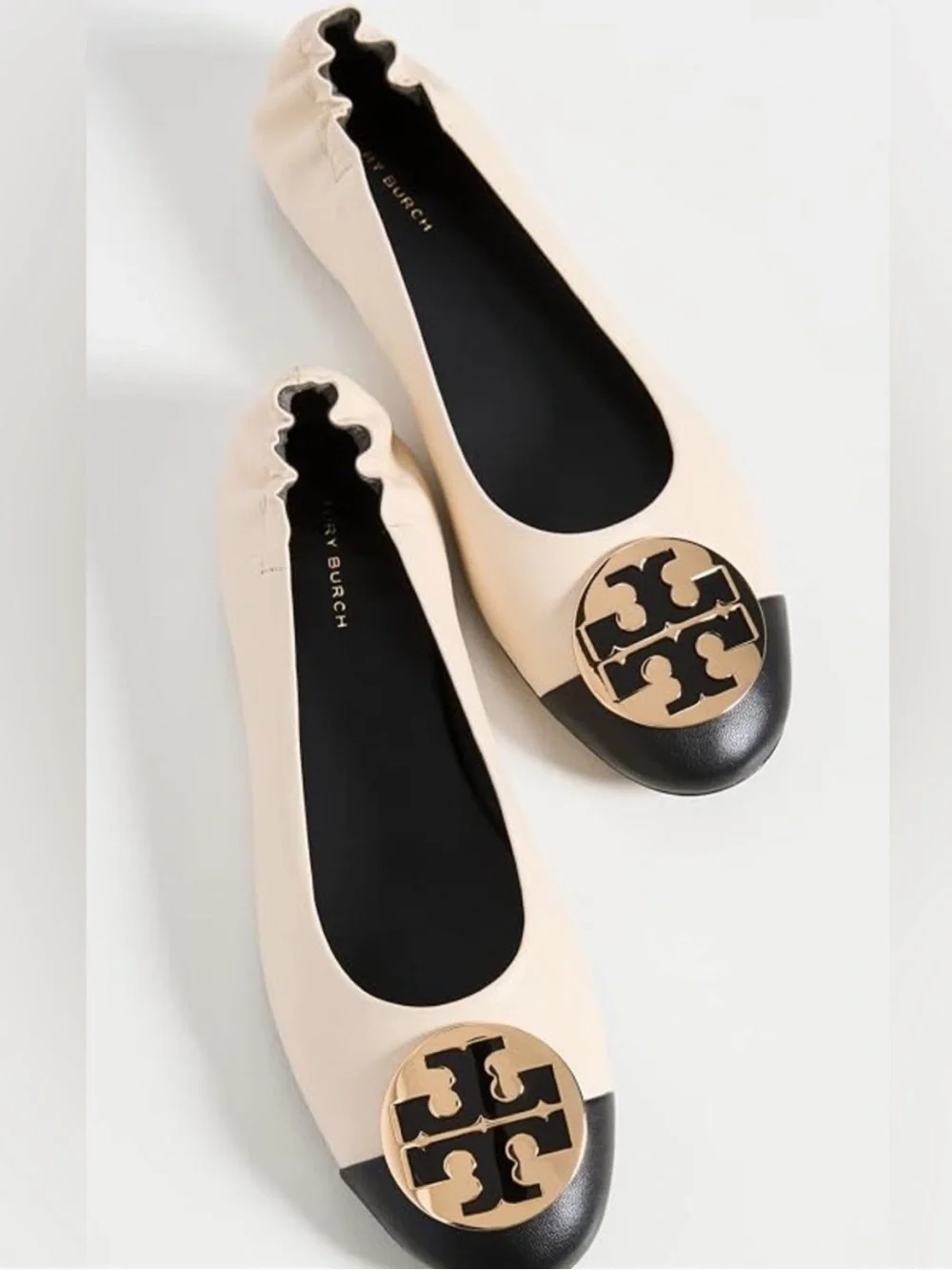 Tory Burch Claire Cap Top Leather Ballet Flats in New Cream/Black Size 9 Neutral